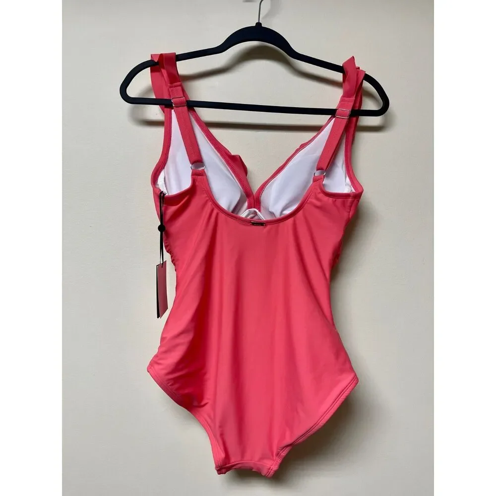 NWT DKNY Pink One-Piece Swimsuit, Ruching, Ruffles, Sz 8 - Picture 2 of 6